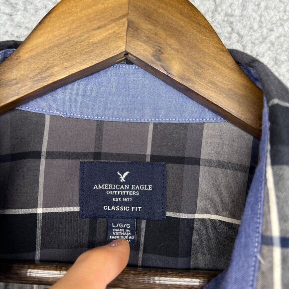 American Eagle Shirt Mens Large Gray Blue White Plaid Checkered Button Down Logo - Picture 5 of 11